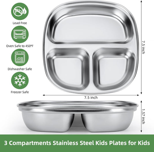 4 Pack Food Storage Containers Plates,Stainless Steel with lids containers,Portion Control Plate, Metal Lunch Tray Dishes,For Meal Prep,Fruit,Snack