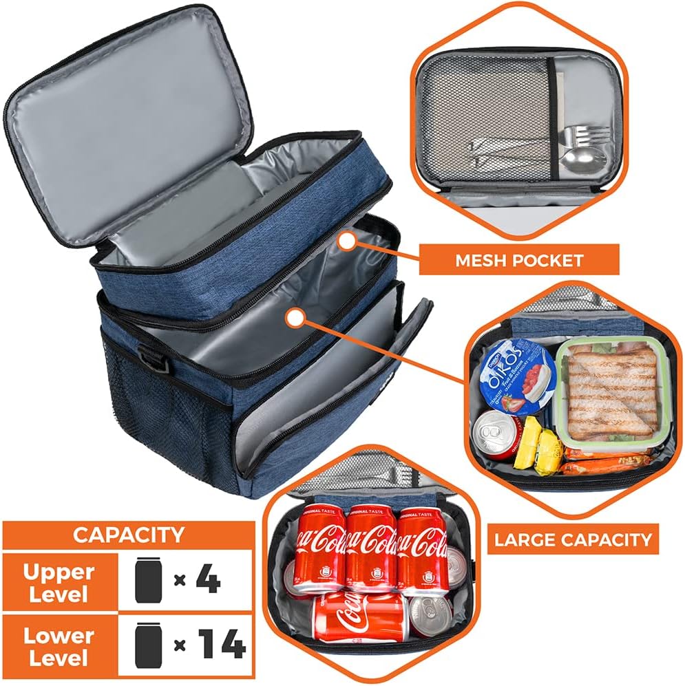 opux Insulated Lunch Bag for Men Women, Large Dual Compartment Cooler Bag, Soft Two Deck Lunch Box for Work School Picnic, Leakproof Lunch Tote with Shoulder Strap for Kid Adult (Purple, Double Deck)