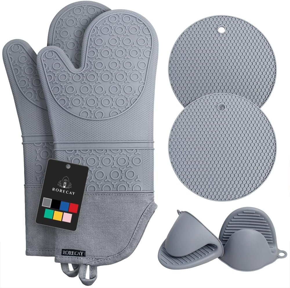 RORECAY Silicone Oven Mitts and Pot Holders Sets, Gloves for Kitchen, Beige