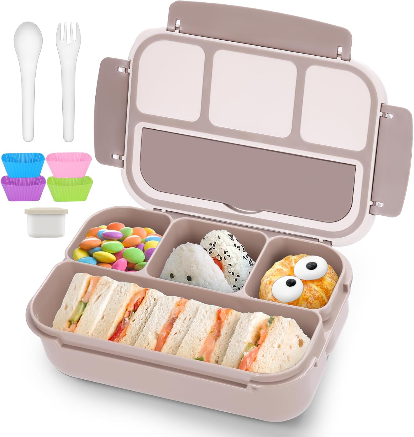 QQKO Bento Lunch Box for Kids Girls Boys, Toddler Kids Lunch Boxes for School, Lunch Containers for Adults with 4 Compartments, Sauce Container, Utensils, Food Picks and Muffin Cups, Purple