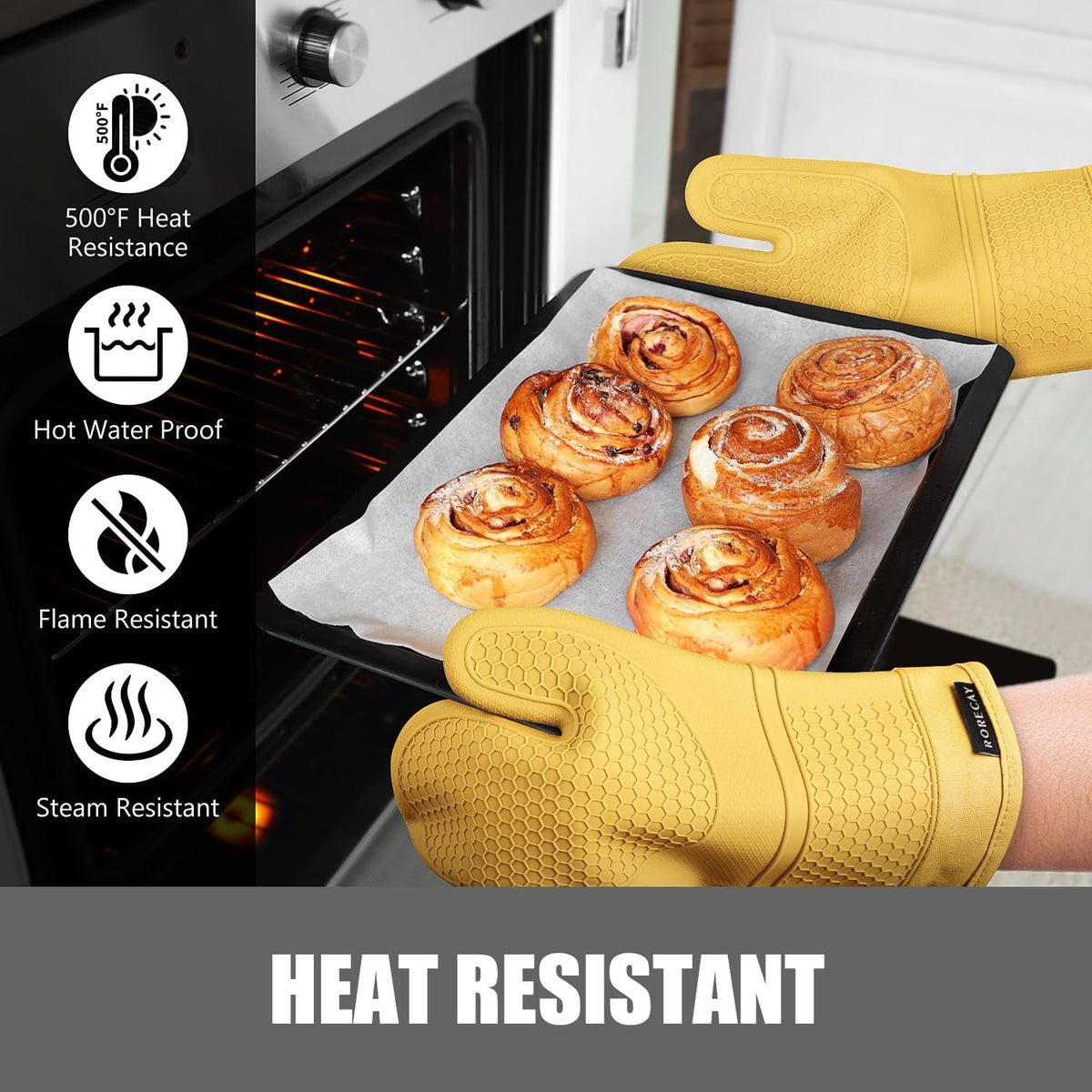 RORECAY Silicone Oven Mitts and Pot Holders Sets, Gloves for Kitchen, Beige