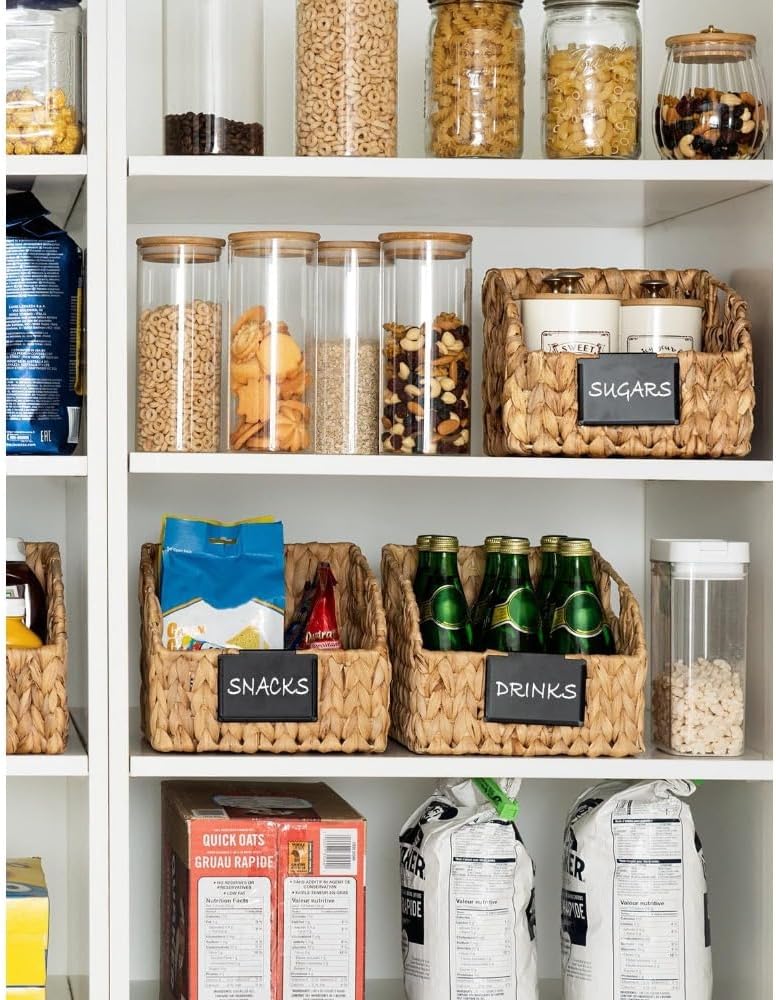 Set of 2 Handwoven Water Hyacinth Storage Baskets, Open Front Wicker Organizer Bins with Handles for Kitchen Pantry Closet Shelf, Natural Rattan Baskets for Home Organization