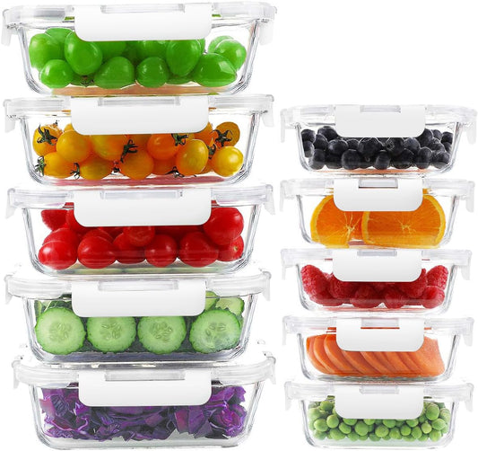 KAMOTA Glass Food Storage Containers, 10 Pack Glass Meal Prep Containers, Airtight Containers with Snap-Lock Lids, 34 oz and 13 oz white Container Set with Lids, for Microwave/Oven/Freezer