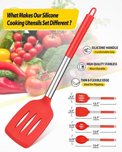 Pack of 4 Silicone Cooking Utensils Set, Non Stick Large Solid Spatulas, Heat Resistant Black Slotted Spoons, Ideal BPA Free Kitchen Turners for Frying, Mixing,Serving,Draining,Turning,Stirring