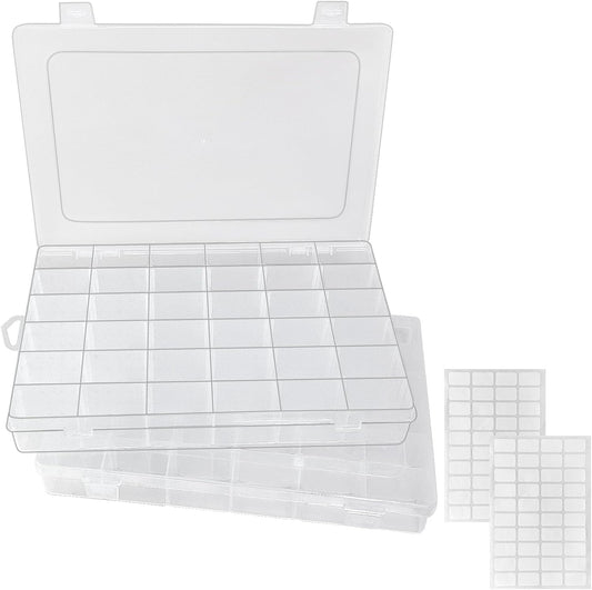 Guyuyii 4 Pack Clear Plastic Organizer Box - 36-Grid Adjustable Dividers Storage Container with Secure Lid - BPA-Free Small Part Case for Earrings, Jewelry, Fishing Lures, Screws & Hardware, No Handle