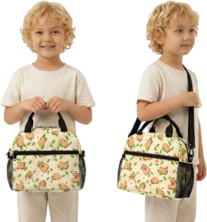 Cute Capybara Pizza Backpack for Girls, 5 Pcs Boys School Bag Set for Kids, 17 Inch Backpacks Lunch Pencil Box Reusable Utensils Case Set for Middle Elementary School, 3rd Grade Backpack