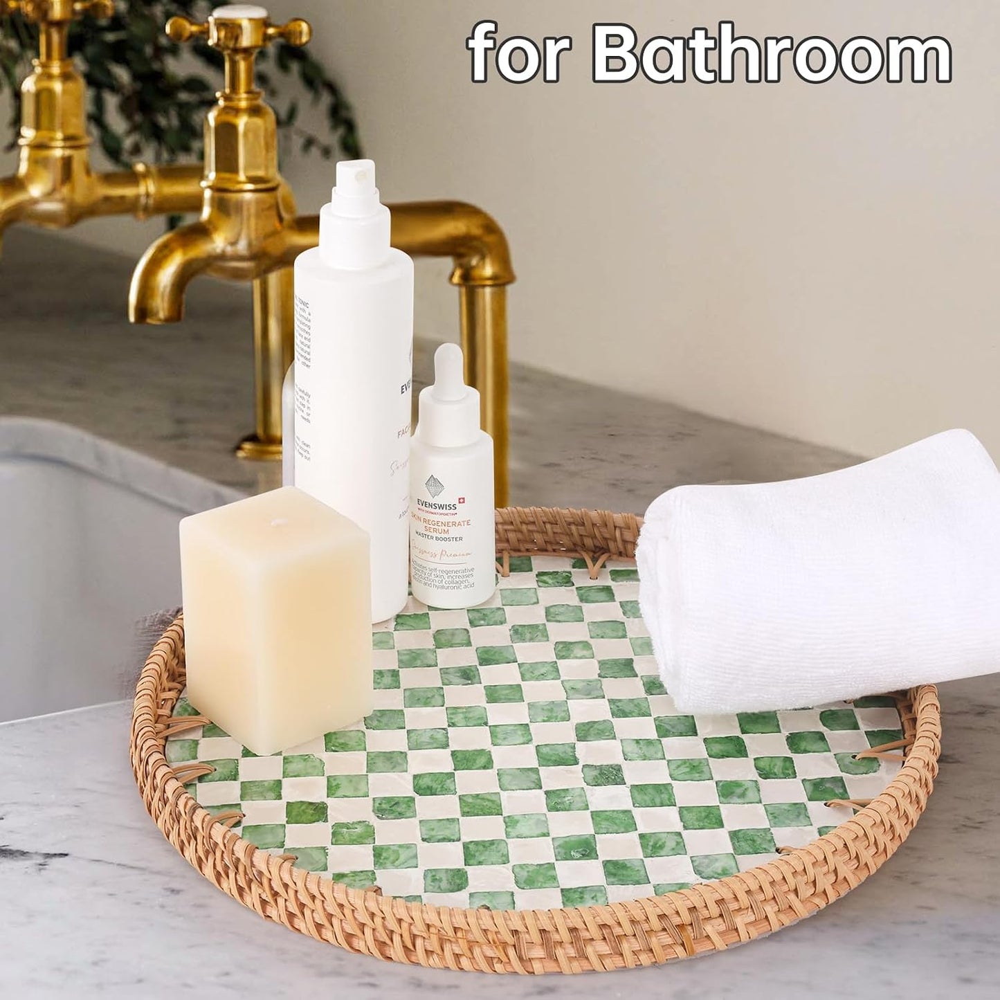 Round Rattan Tray with Mother of Pearl Inlay, Rattan Serving Tray for Coffee, Bread, Fruits, Decorative Wicker Tray for Table Decor, Home Decor, Kitchen Island Decor(Black Checkerboard, 11.8")