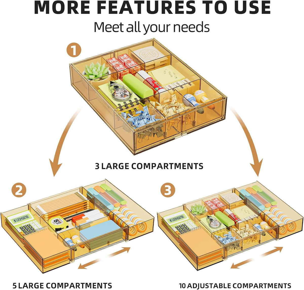 Marbrasse Expandable Desk Drawer Organizer, Clear Plastic Drawer Organizer Tray with 10 Adjustable Compartments, Desk Organizers and Accessories, 5 Drawer Dividers for Office Supplies, Makeup(Clear)