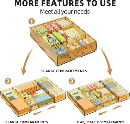Marbrasse Expandable Desk Drawer Organizer, Clear Plastic Drawer Organizer Tray with 10 Adjustable Compartments, Desk Organizers and Accessories, 5 Drawer Dividers for Office Supplies, Makeup(Clear)