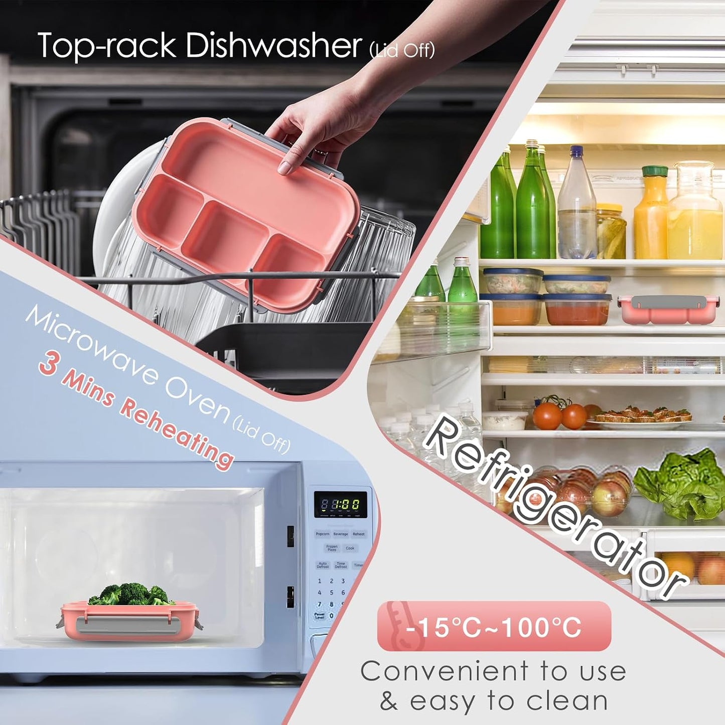 WHALEHOUSE Bento Lunch Box, 1300ML 4 Compartments Meal Prep Container with Utensil, Airtight Food Storage Container with Snap Locking Lids, Microwave/Dishwasher/Freezer Safe, On the Go