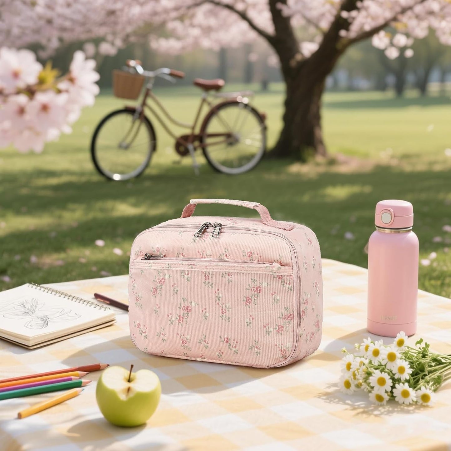 Bluboon Insulated Lunch Bag for Girls & Boys, Corduroy School Lunch Box with Cooler & Organizer Compartments, Leak-Proof Lunch Tote for School, Travel (Corduroy Strawberries Beige)