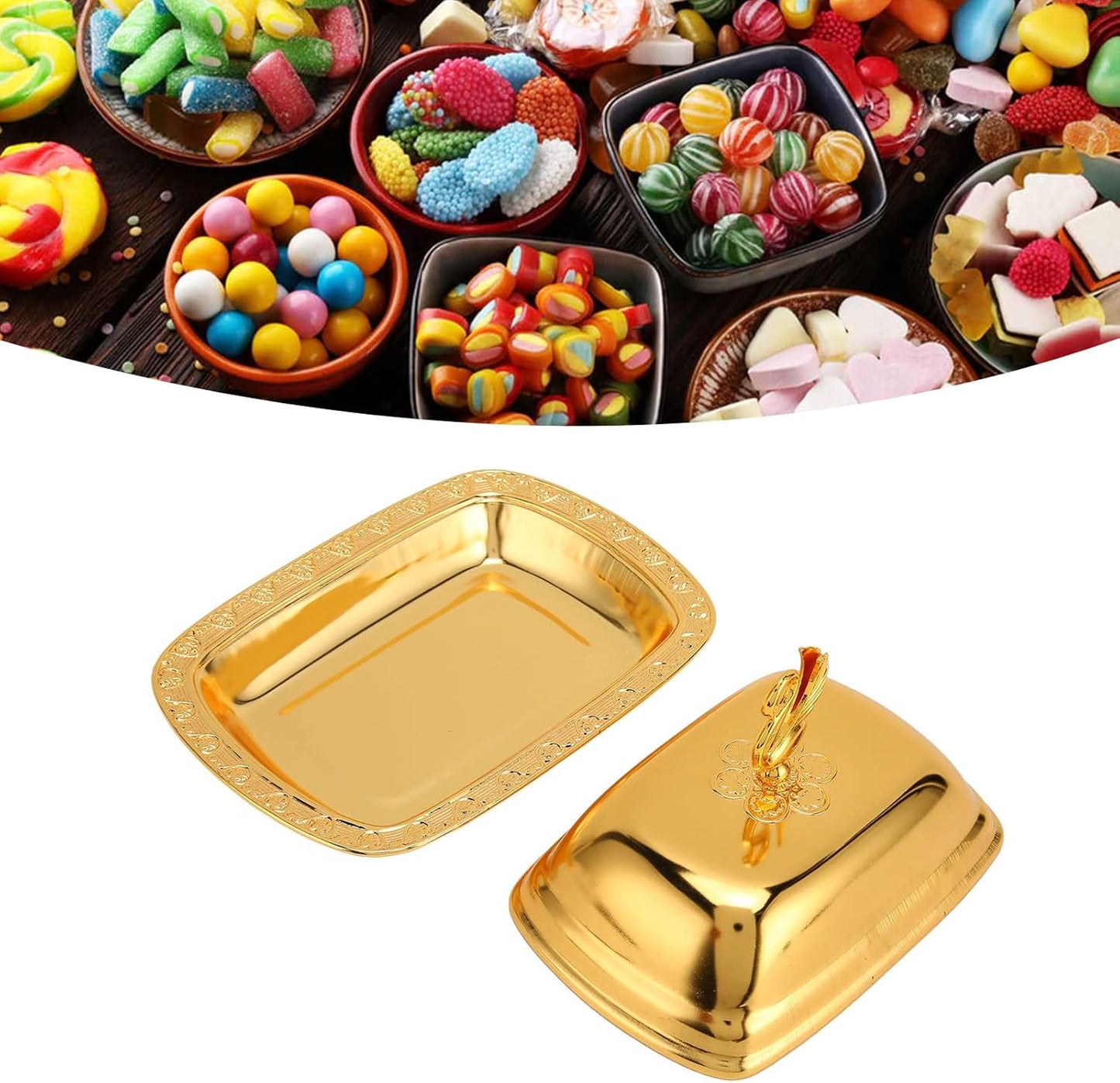 Stainless Steel Serving Tray, 7"x 5" Appetizer Plates with Swan Handle Lid, Fruit Dish Snack Serving Tray Decorative Dessert Platter Candy Holder for Wedding Home Birthday Party (Gold)