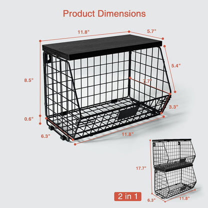 Goozii Hanging Wall Fruit Basket for Kitchen Counter 2 Pack, Stackable Wire Baskets for Organizing with Wood Lid, Potato and Onion Storage Bin with Banana Hook for Vegetable Produce, Black + Rustic