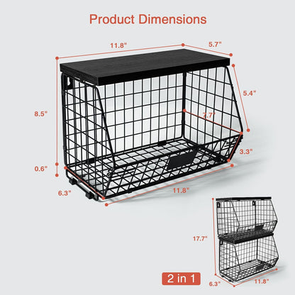 Goozii Hanging Wall Fruit Basket for Kitchen Counter 2 Pack, Stackable Wire Baskets for Organizing with Wood Lid, Potato and Onion Storage Bin with Banana Hook for Vegetable Produce, Black + Rustic