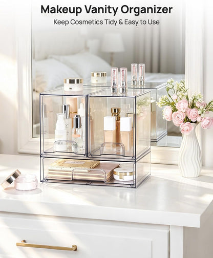 Vtopmart Stackable Storage Drawers Set of 5, Clear Plastic Organizer Bins for Baby Bottle, Beauty Supplies Storage, Ideal for Kichen Countertop, Vanity, Bathroom, Cabinet, Pantry Organization
