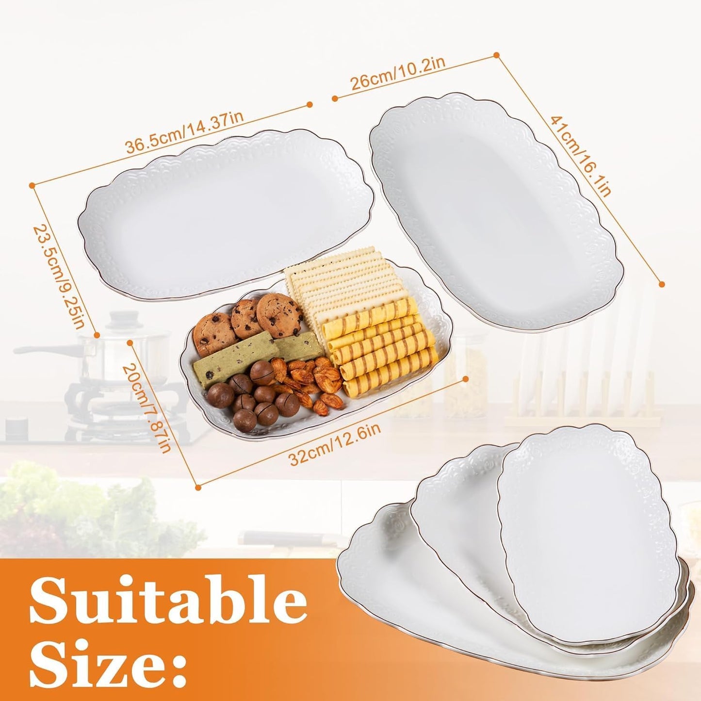 Kassel Ceramic Serving Platter Set | 14”/12”/10” Oval Serving Trays for Entertaining at Parties and Weddings | Oven Safe Large Serving Trays for Tacos, Steak, and Cake