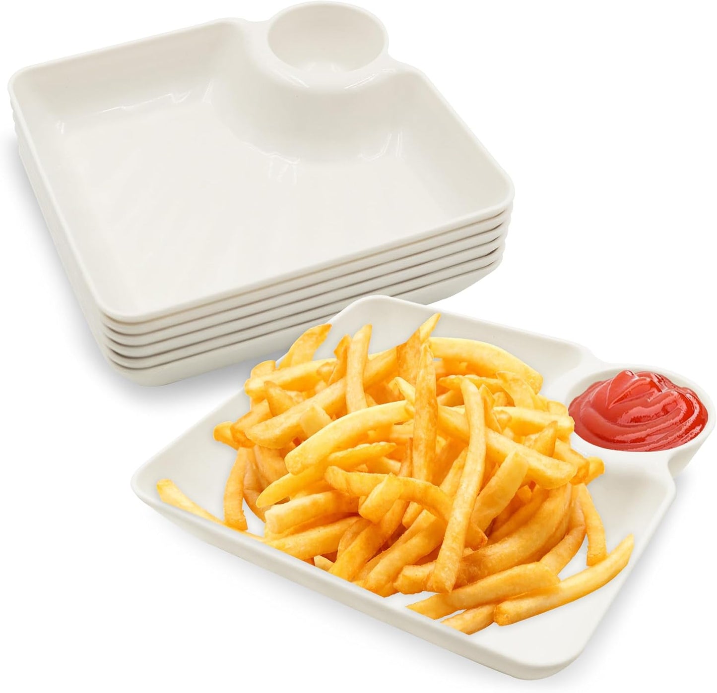 7Pcs Chips and Dip Serving Dish, Plastic Divided Serving Tray, Snack Plates with Dipping Sauce Compartment, ATSKIM Serving Bowls for Entertaining, Parties (White)