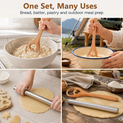 13 Inch Danish Dough Whisk, Wooden Dough Mixer for Sourdough Bread, Batter & Pizza Dough, Kitchen Hand Mixing Tool, Includes Stainless Steel Rolling Pin (Heart Style)