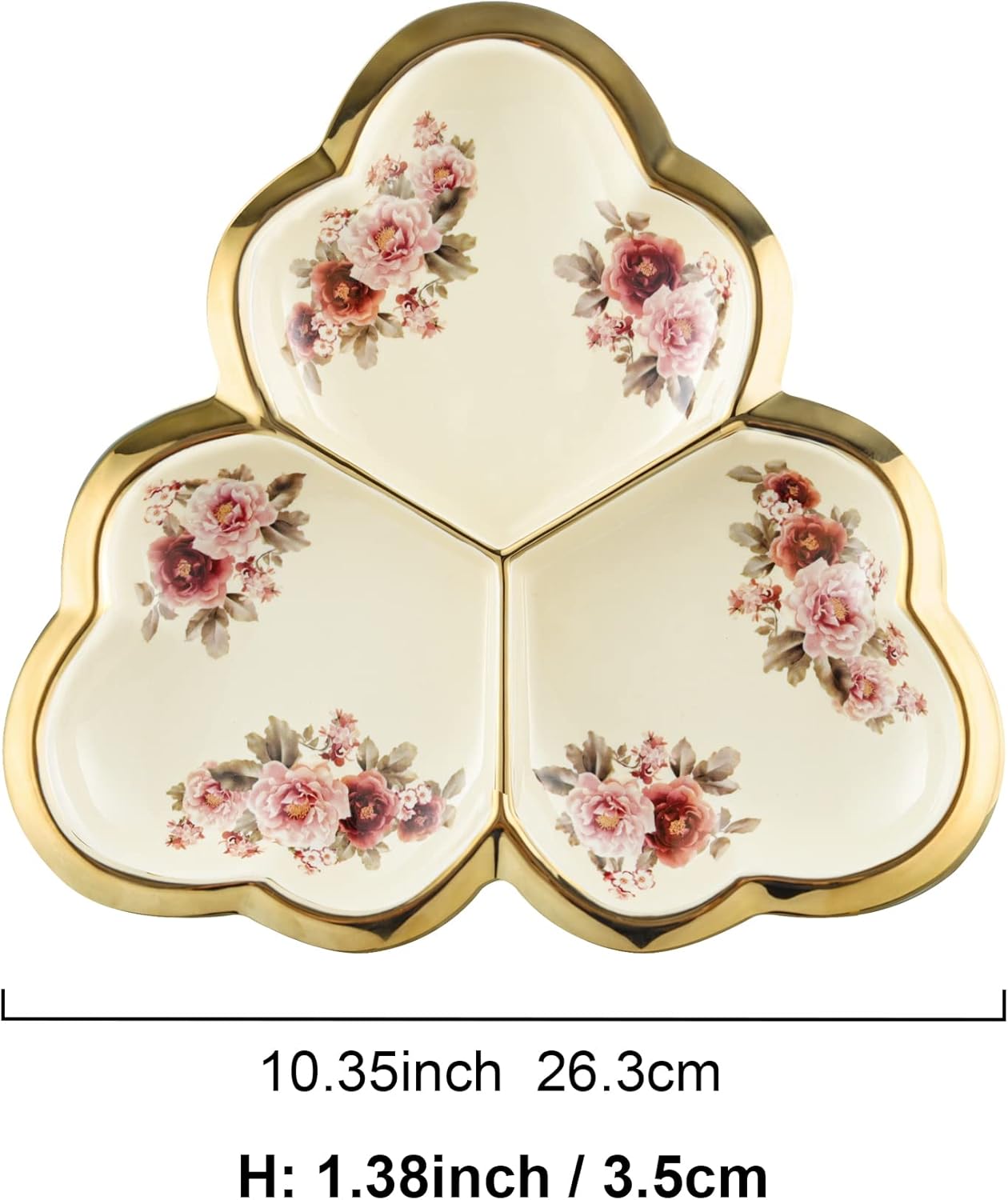 fanquare 3 Compartment Platter, Gold Porcelain Appetizer Serving Tray, Floral Ceramic Divided Serving Plate for Fruit, Candy, Nuts