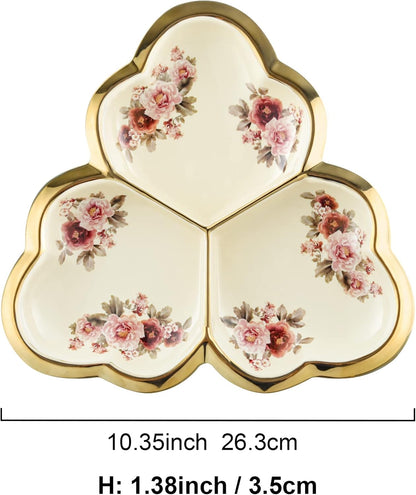 fanquare 3 Compartment Platter, Gold Porcelain Appetizer Serving Tray, Floral Ceramic Divided Serving Plate for Fruit, Candy, Nuts