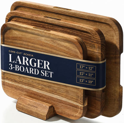 Starkbear Acacia Wood Cutting Board Set of 3 with Stand, Core-Cut Non Slip Wooden Chopping Block, Sloped Juice Groove Reversible Charcuterie Serving Tray for Modern Kitchen Gift