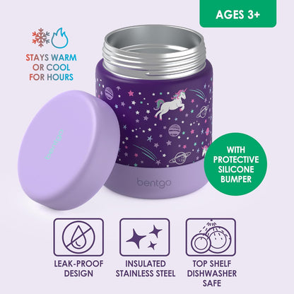 Bentgo Kids Stainless Steel Food Jar - 11oz Leak-Proof Double Insulated Hot or Cold Food Container with Removable Silicone Bumper, Dishwasher Safe, Easy Open Lid, Ages 3+ (Trucks)