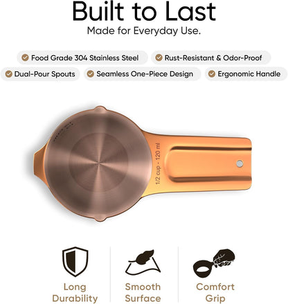 Color Up Measuring Cup Set, 8 Piece, Copper and Chrome Finish, Stainless Steel, Accurate for Wet & Dry Ingredients, Embossed Markings, Easy Pour Spouts, Dishwasher Safe, Kitchen Essential (Stainless)