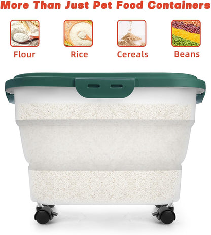 Dog Food Container, Collapsible Pet Food Storage Container 17-20 lb with Rolling Wheels & Airtight Lid, Plastic Storage Bin With Dog Food Scoop and Measuaring Cups