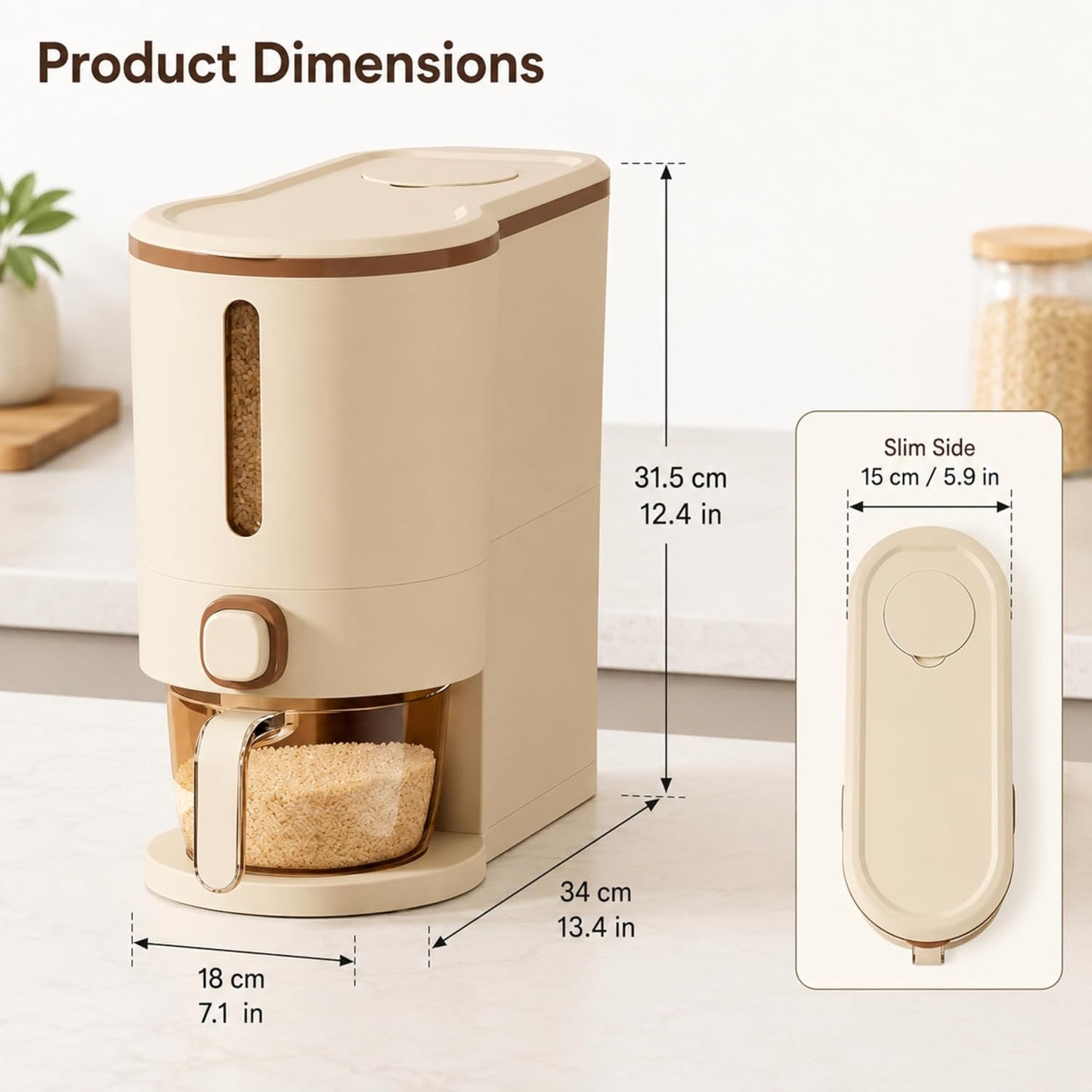 ROOM127 Slim Rice Dispenser 11 Lbs, Airtight Rice Storage Container with Measuring Cup, One-Touch Dry Food & Cereal Dispenser with Clear Window for Kitchen Countertop, Milk Tea Brown