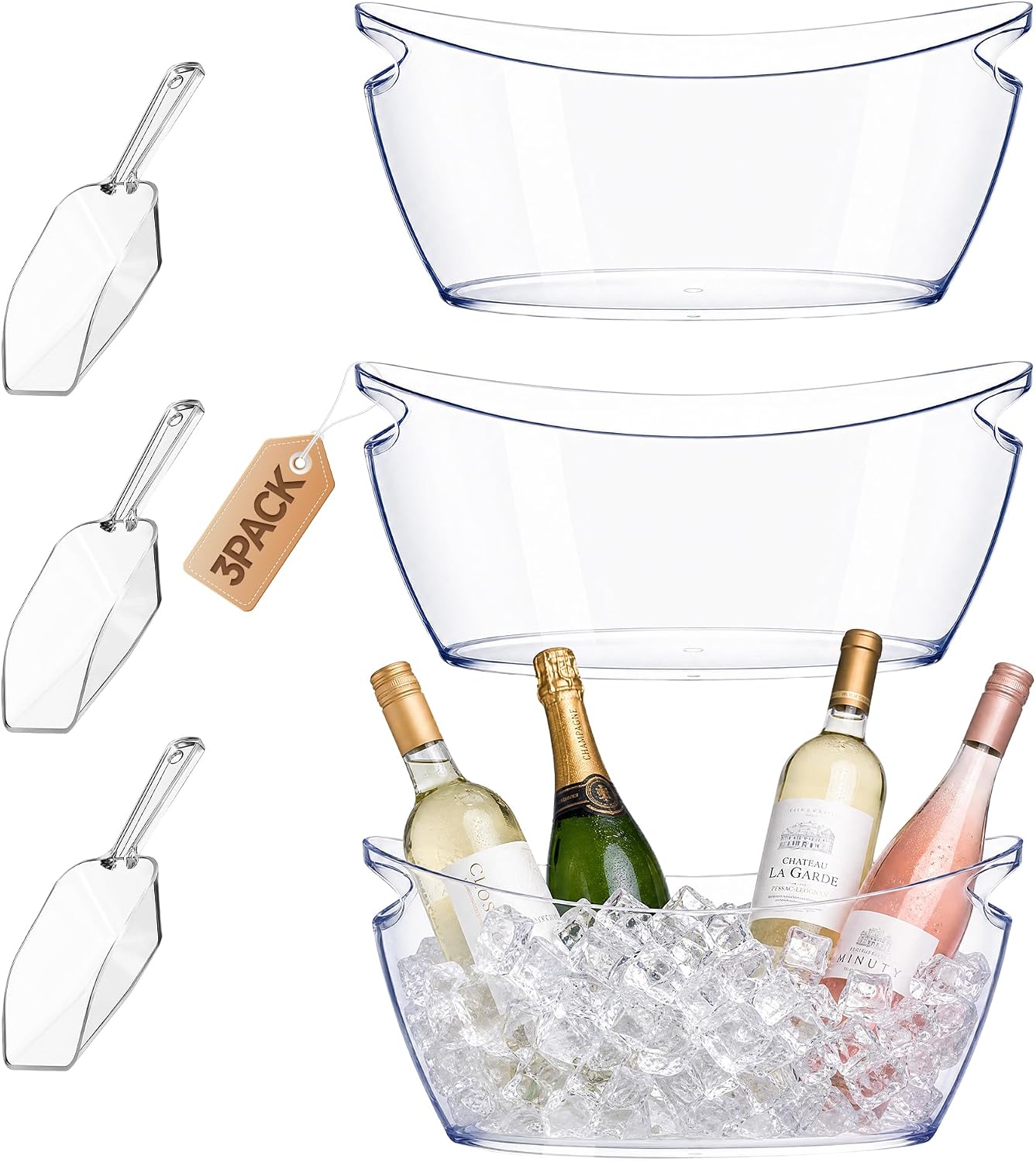 Ice Buckets for Parties,3 Packs 16.5In Large Drink Champagne Bucket with Handle & 3 Pcs Scoops,Plastic Cooler Buckets