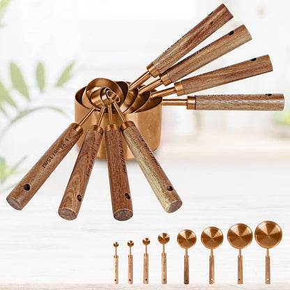Collection 8 Piece Gold Measuring Cups Set and Measuring Spoons, Golden With fragrant wood Handles-Complete Set of Measure Cups and Spoons For Cooking and Baking.…