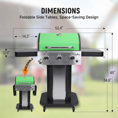 Redlife 3 Burner Propane Gas Grill, 30,000 BTU Outdoor BBQ Grill with Cast Iron Cooking Grates, Stainless Steel Warming Rack, Built-in Thermometer, Side Shelves, Removable Grease Tray, Yellow