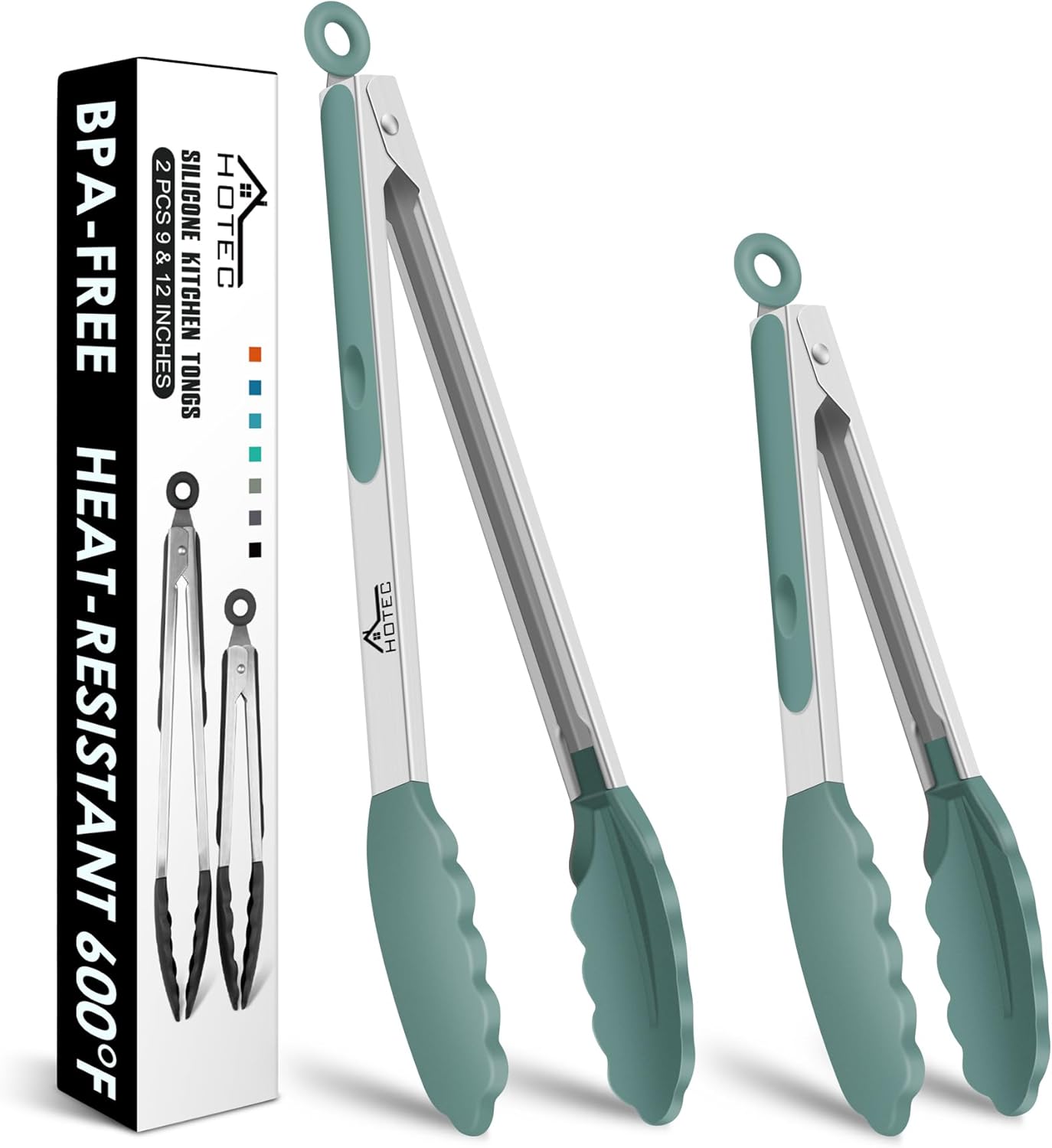 HOTEC Premium Stainless Steel Locking Kitchen Tongs with Silicon Tips, Set of 2-9" and 12"