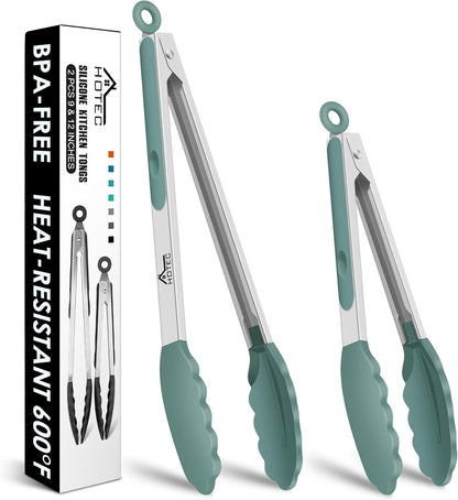 HOTEC Premium Stainless Steel Locking Kitchen Tongs with Silicon Tips, Set of 2-9" and 12"