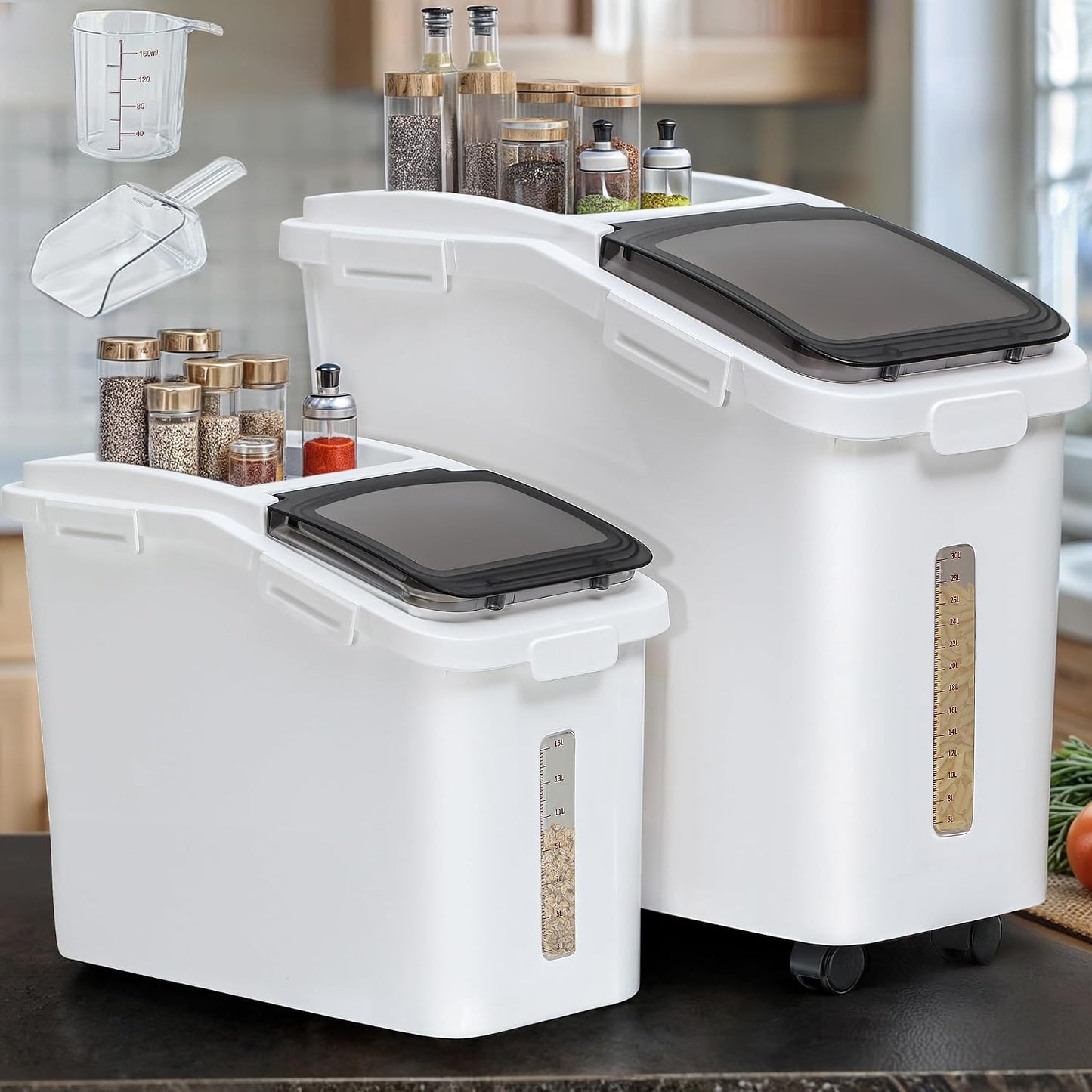 YITAHOME Large Flour Storage Container Ingredient Bins, 11.4-Gallon Rice Food storage Containers Bins with Wheels, Scoop and Airtight Lid for Bulk Rice, Cereal Grain, Sugar, White