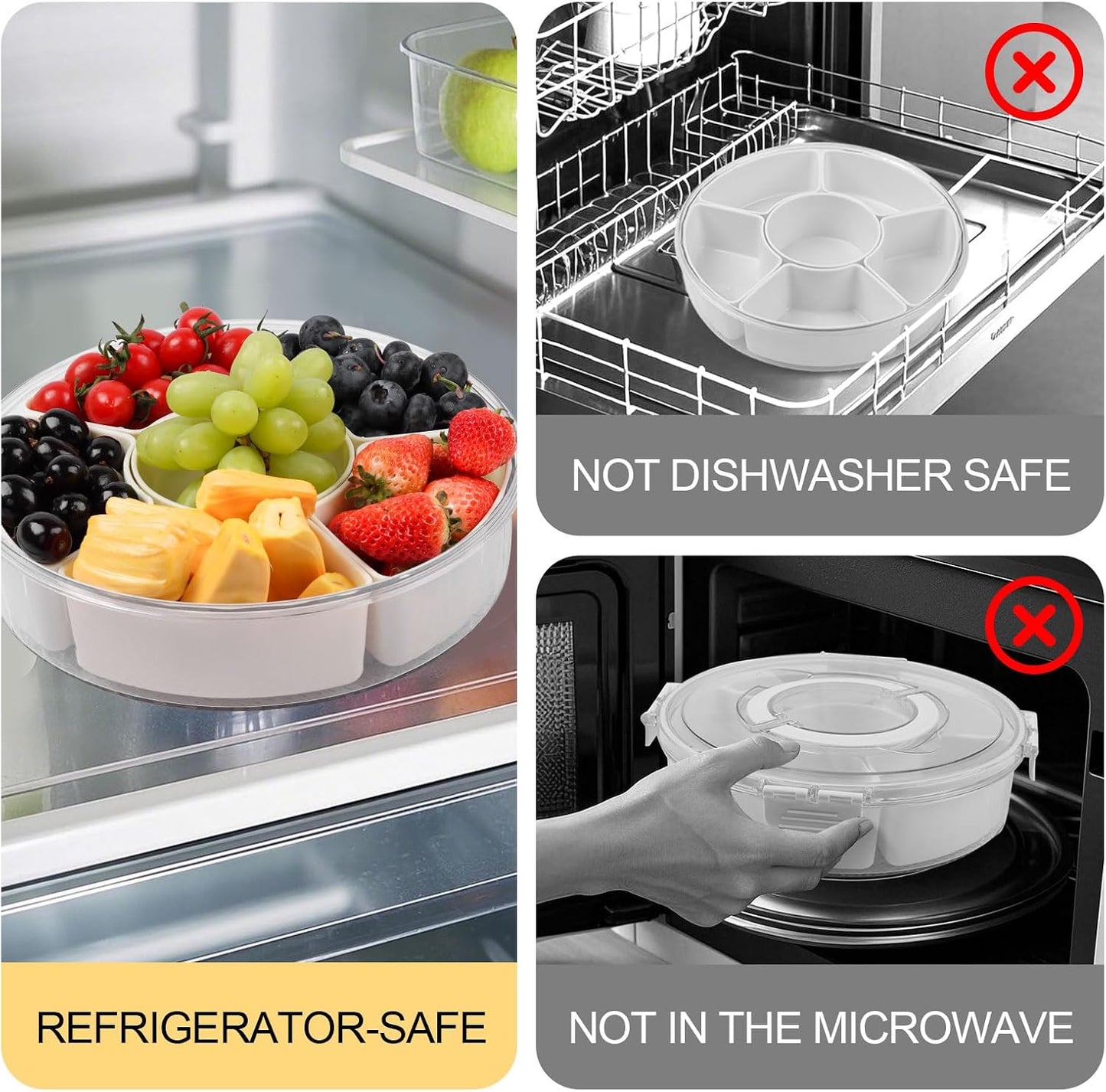 6 Compartment Snack Box Container with Lid and Handle, Divided Serving Tray with 360° Rotating Base, Snack Containers for Adults, Veggie Fruit Tray for Kitchen, Parties, Travel (cream color)