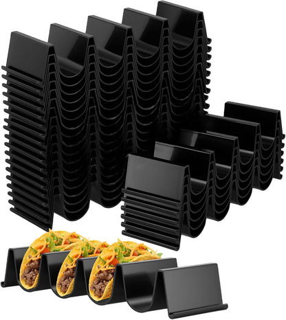 JAPCHET 24 PCS Taco Holder Stands, Black Large Taco Rack Tray Plates Plastic for Tacos Tuesday Night Party Supplies, Each Holds Up to 4 Tacos