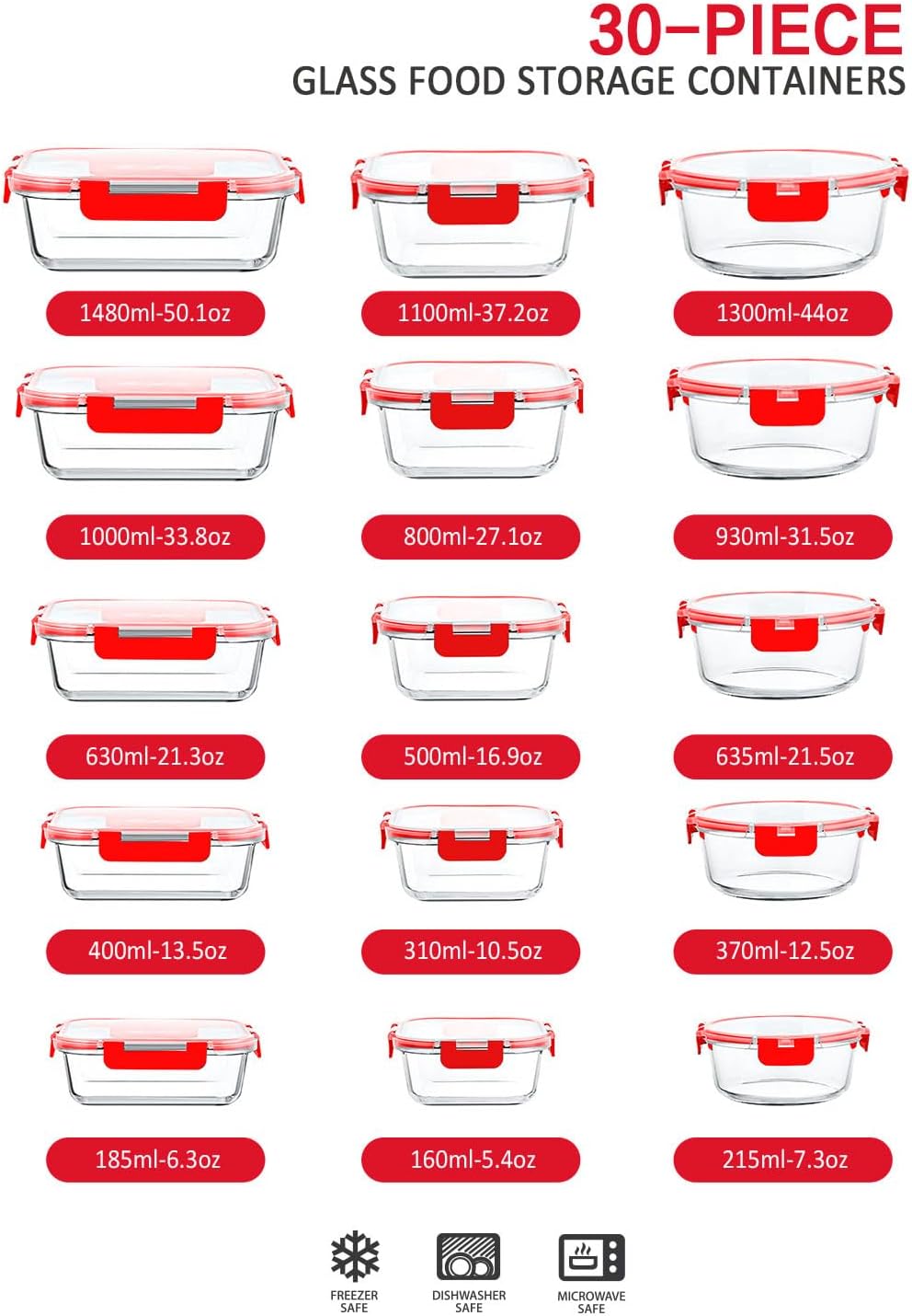 M MCIRCO 30 Pieces Glass Food Storage Containers with Snap Locking Lids,Glass Meal Prep Containers Set - Airtight Lunch Containers, Microwave, Oven, Freezer and Dishwasher