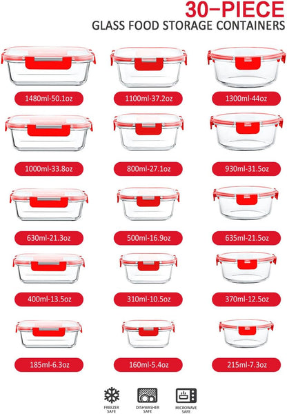 M MCIRCO 30 Pieces Glass Food Storage Containers with Snap Locking Lids,Glass Meal Prep Containers Set - Airtight Lunch Containers, Microwave, Oven, Freezer and Dishwasher