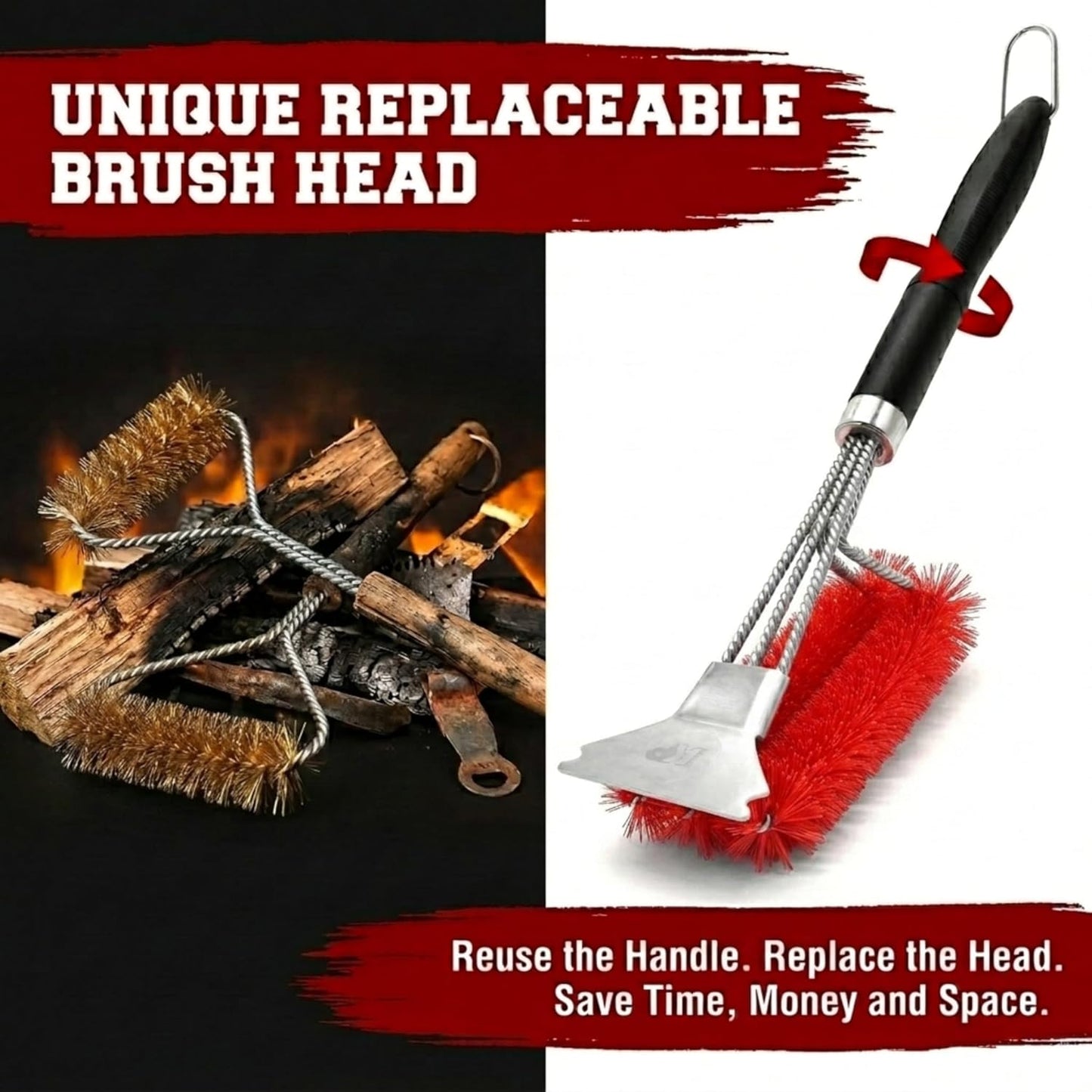 KITCHEN PERFECTION GrillSaver - Safe BBQ Grill Brush for Outdoor Grill with Replaceable Cleaning Head -Heavy-Duty Grill Cleaner with Scraper for All Grates +2 Bonuses -Best Grilling Gifts for Men