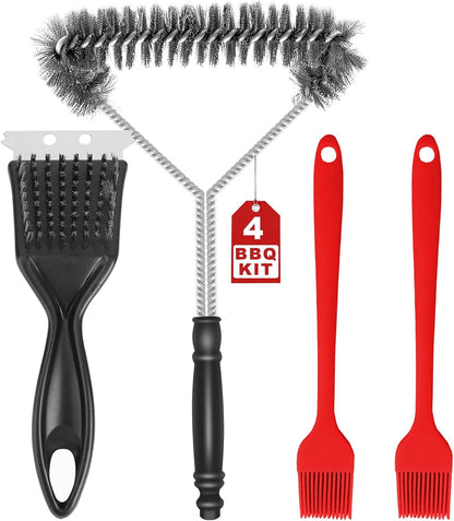 BBQ Master 4-Piece Grill Cleaning Kit, Heavy Duty Wire Brush and Scraper Set with Silicone Basting Brushes, Black and Red, 8.22 Inch Length, for Gas and Charcoal Grills