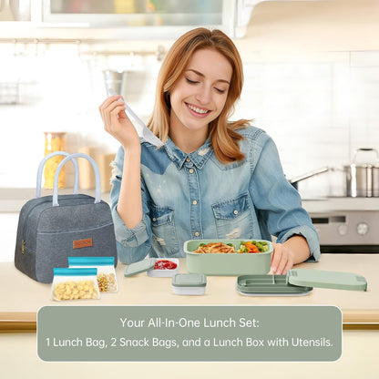 JBGOYON Bento Box and Lunch Bag Set, Leak-Proof Lunch Box for Adults and Kids with Built-in Utensils, Insulated for Work School Travel, Microwave & Dishwasher Safe, All-in-One (Purple)