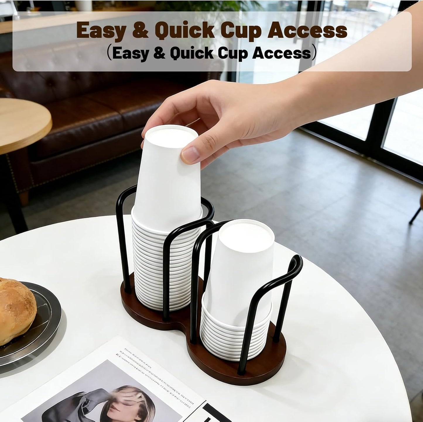 Wood Bathroom Cup Holder, Disposable Cup Dispenser, Plastic Mouthwash Cup Storage Organizer for Cups -Perfect for Office, Kitchen, Gym, School or Cafes (Black)