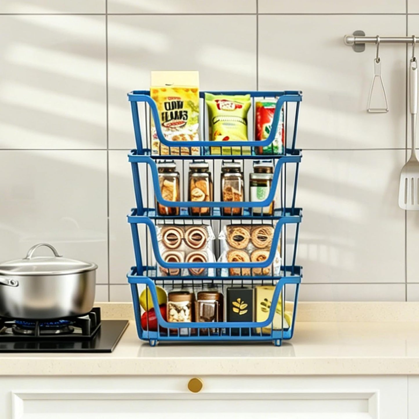 GAOKASE 4 Pcs Stackable Wire Baskets for Pantry Organizers and Storage,Vegetable Fruit Basket for Countertop,Kitchen Storage Metal Baskets,Produce Potato Onion Storage Bin-Black