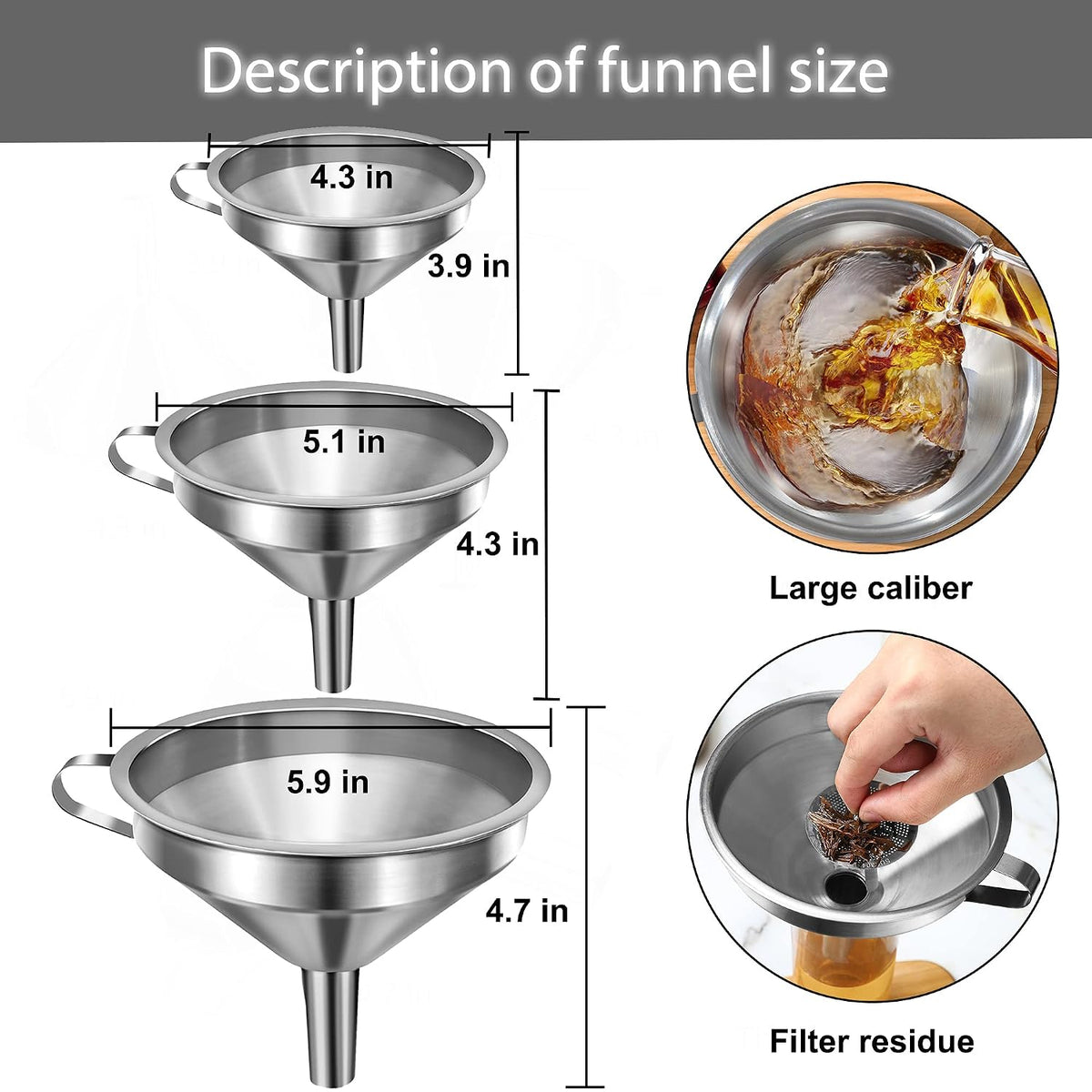 Canning Funnel for Wide and Regular Jars, Wide Mouth Funnel Stainless Steel Funnels for Kitchen Use, Metal Funnels Set for Transferring Liquid Power Jam Grains Dry and Wet Ingredients