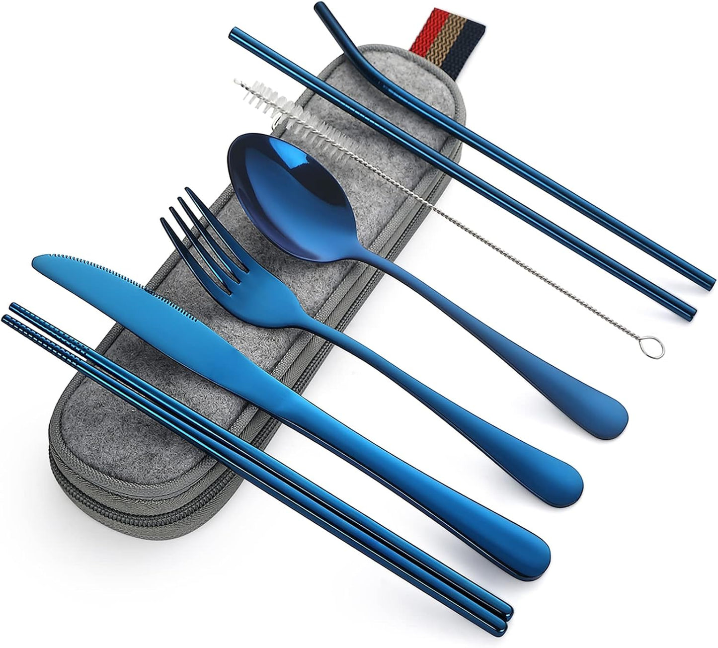 DEVICO Camping Utensils, 8-Piece Full-Size Reusable Silverware for Lunch Adult, Stainless Steel Portable Fork Spoon Knife Set for Work, Travel Cutlery Set with Case and Chopsticks Straws (Rainbow)