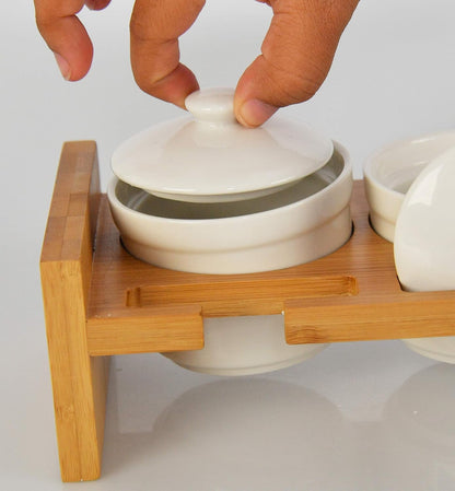 Home-X Bamboo and Ceramic Condiment Tray - Ideal Serving Dish for Hosting Entertaining, Party Essential, Taco Bar, Includes Dip Bowls, Spoons, Lids and Serving Platter, Salsa, Chips, Veggies, Fruits