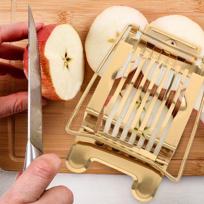 Stainless Steel Egg Slicer for Hard Boiled Eggs: Luxury Golden Metal strawberry Cutter Tool - Heavy Duty Strawberry Slicer & Mushroom Fruit Chopper Kitchen Gadget, Dishwasher Safe, 5.50"x3.65"