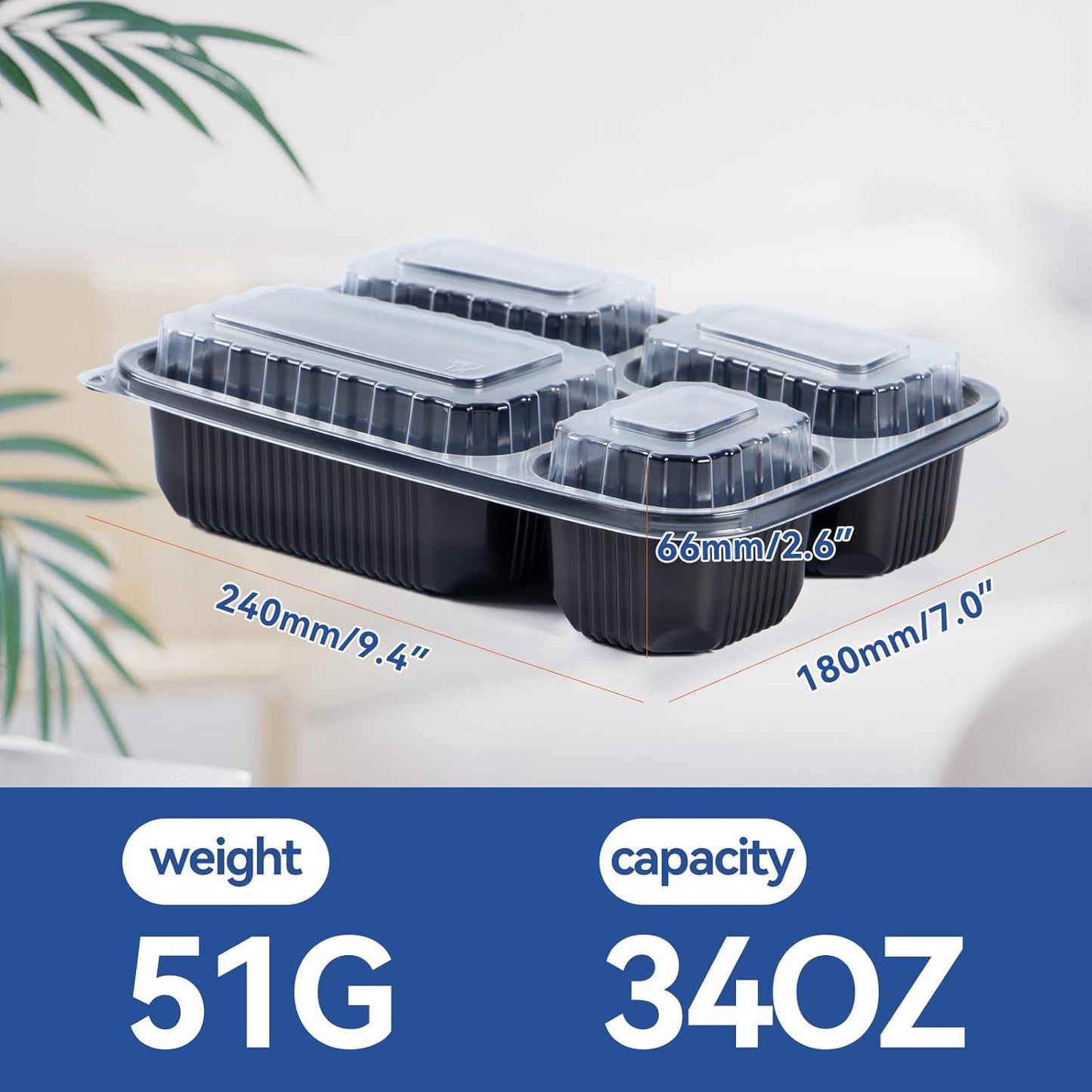 Take Out Containers 38 oz 40 Pack - Shrink Wrapped 3 Compartment Leakproof Catering | BPA Free PP Plastic Microwave & Freezer Safe | Flexible Reusable Commercial Black Lunch Boxes with Lid