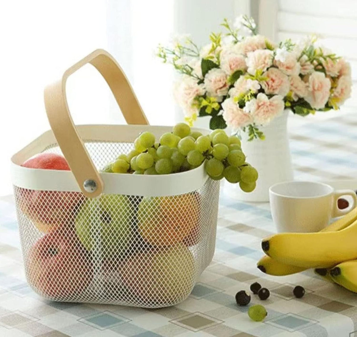 AJIODA Metal Mesh Steel Basket, Storage Organizer Basket Multi-functional Hanging Kitchen Baskets Fruit Basket Bin with Bamboo Handle for Kitchen Bathroom Picnic Shopping Decor Cabinet Home, Blue
